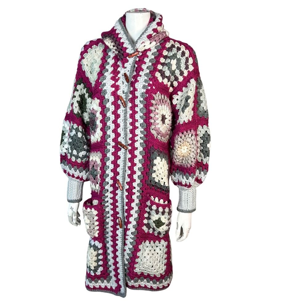 Handmade Crochet Granny Square Patchwork Cardigan One Size Hooded Toggle Pink